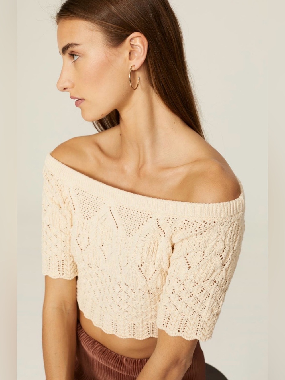 ba&sh~Jensen Cream Off-Shoulder Open-Knit Crop Sweater Top~Size Small~$240~